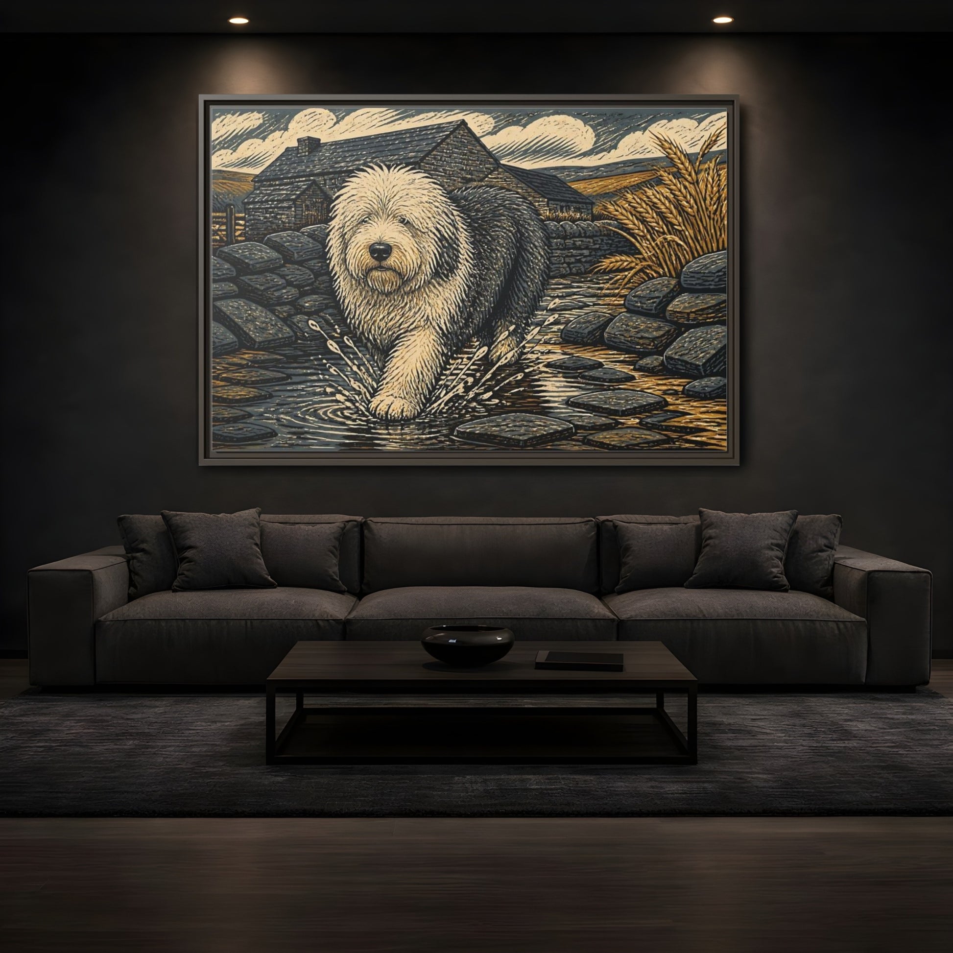 Mockup 3. Sheepdog On Stone Path shown as framed canvas print