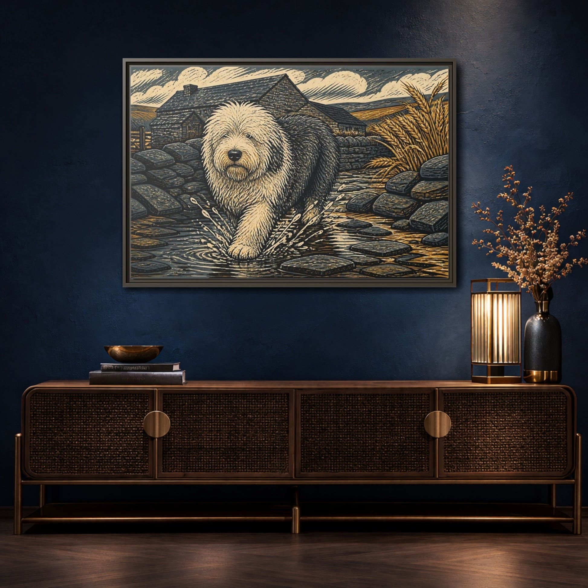 Mockup 4. Sheepdog On Stone Path shown as framed canvas print