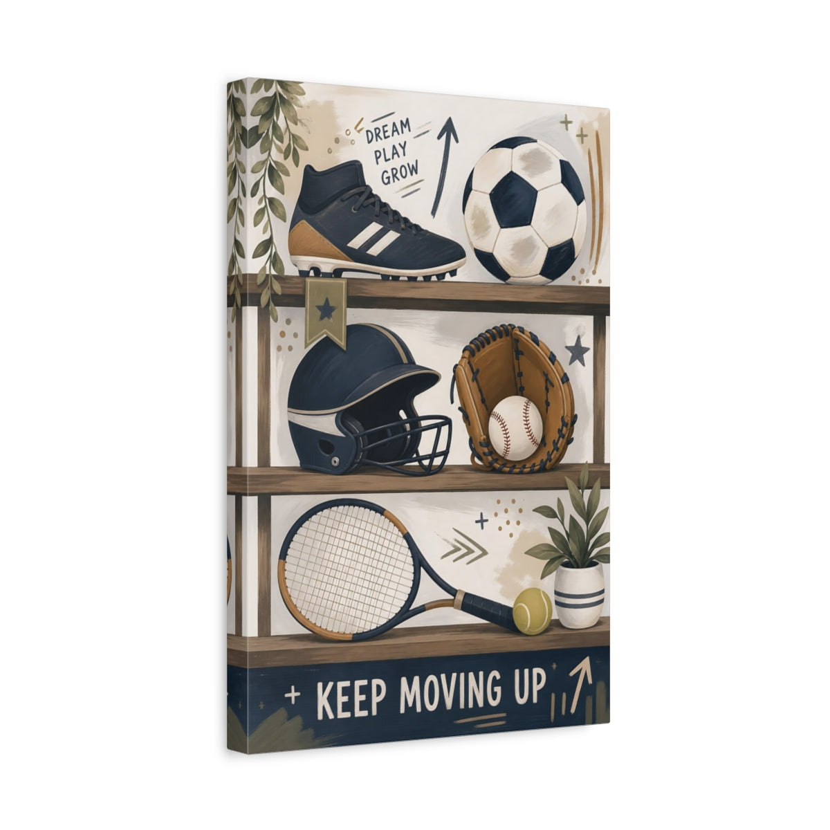 Side Mockup 4. Shelved Sports Gear shown as canvas print
