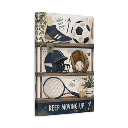 Side Mockup 4. Shelved Sports Gear shown as canvas print