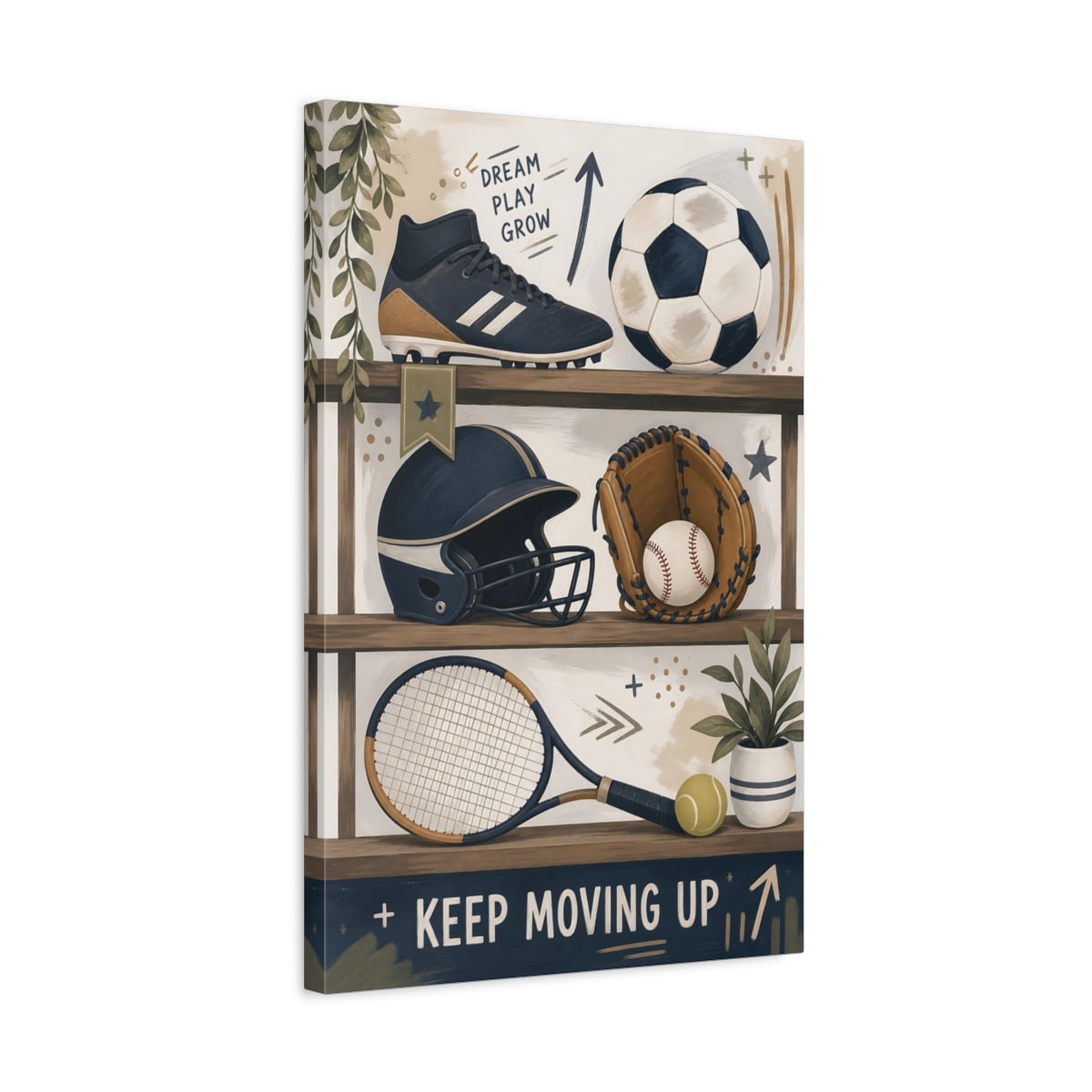 Side Mockup 3. Shelved Sports Gear shown as canvas print