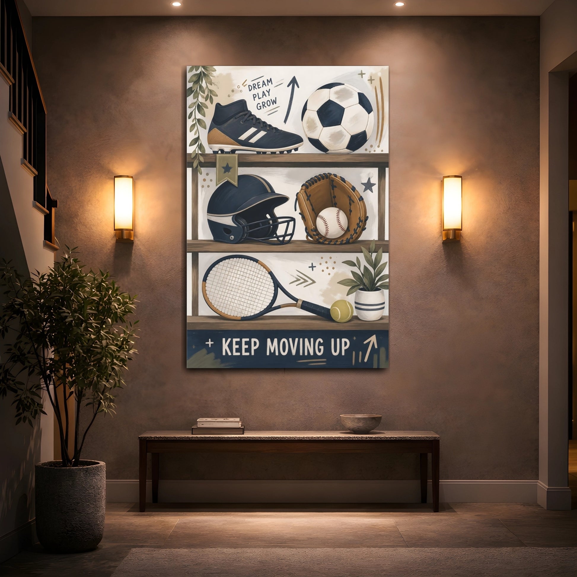 Mockup 2. Shelved Sports Gear shown as canvas print