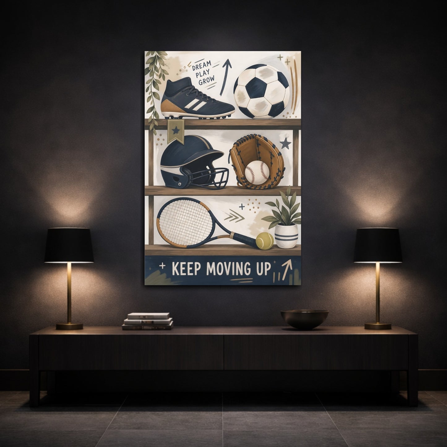 Mockup 3. Shelved Sports Gear shown as canvas print