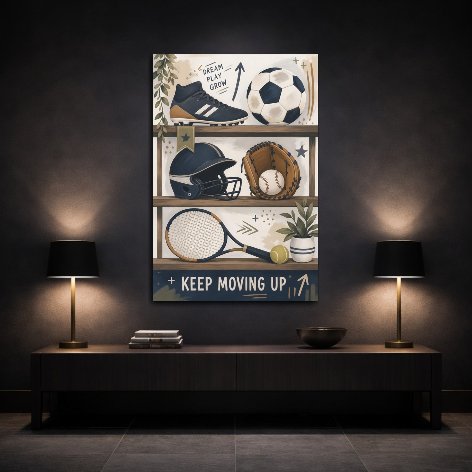Mockup 3. Shelved Sports Gear shown as canvas print