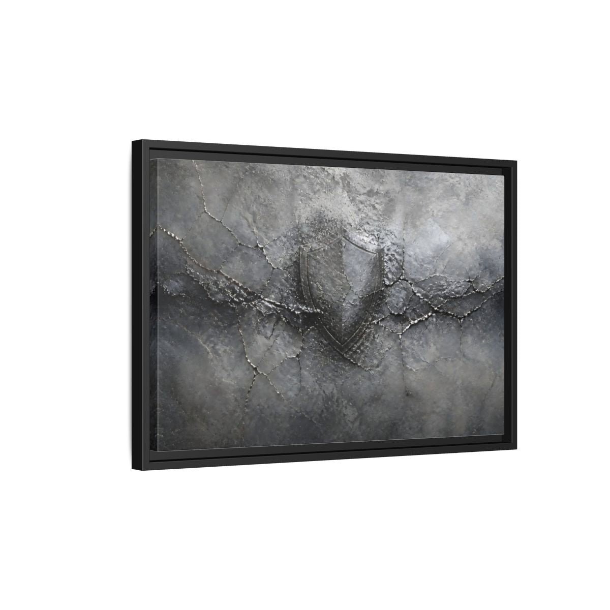 Side Mockup 3. Shield In Cracked Concrete shown as framed canvas print