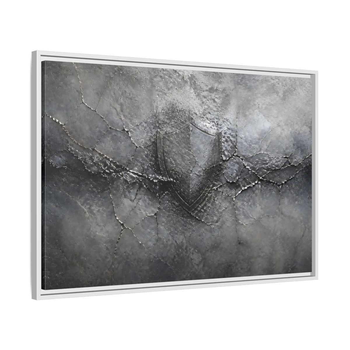 Side Mockup 9. Shield In Cracked Concrete shown as framed canvas print