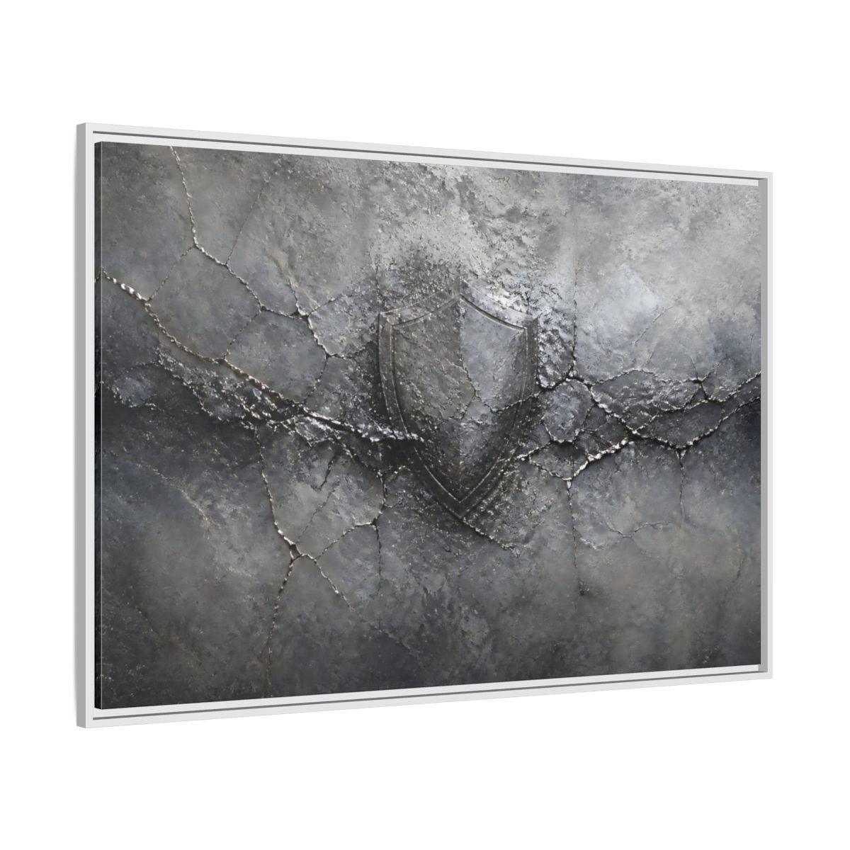 Side Mockup 7. Shield In Cracked Concrete shown as framed canvas print