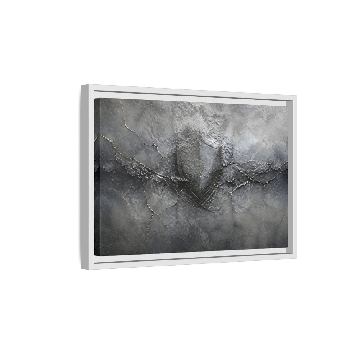 Side Mockup 4. Shield In Cracked Concrete shown as framed canvas print