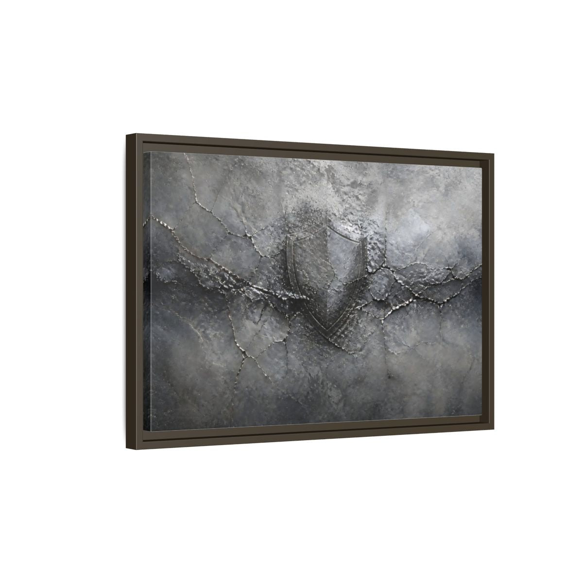 Side Mockup 2. Shield In Cracked Concrete shown as framed canvas print