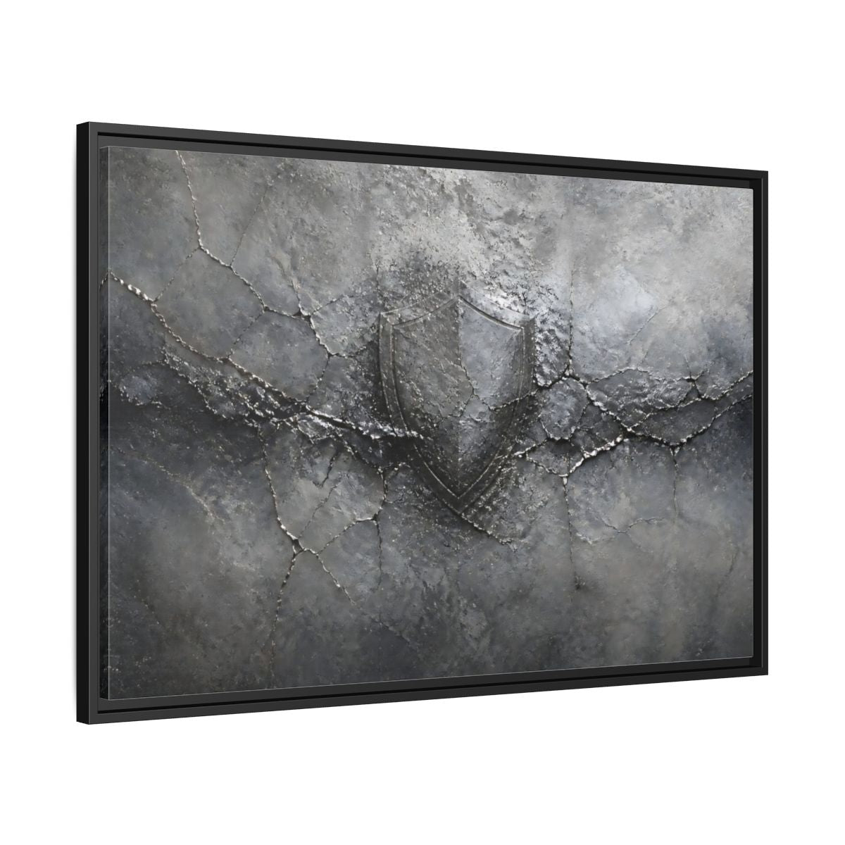 Side Mockup 13. Shield In Cracked Concrete shown as framed canvas print