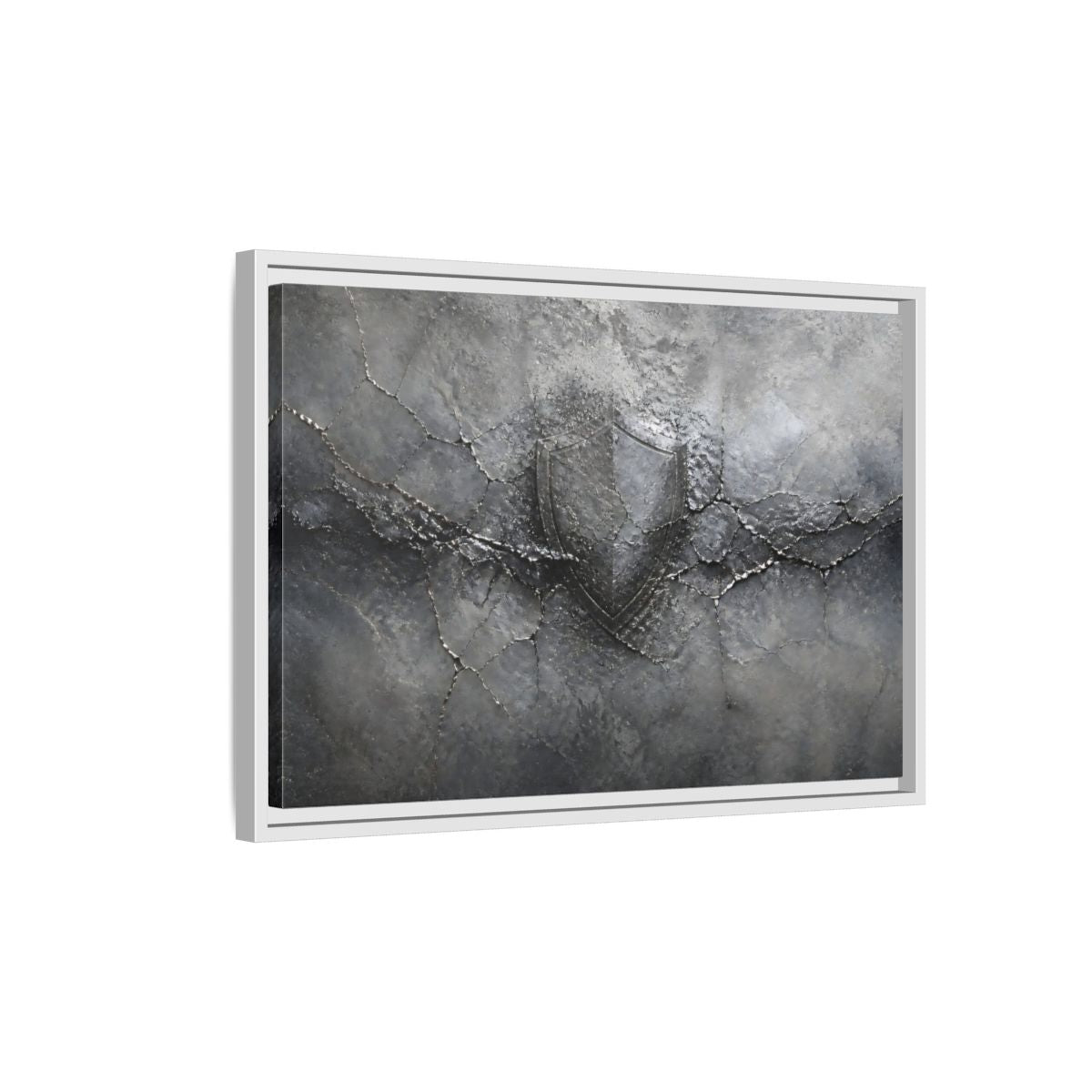 Side Mockup 1. Shield In Cracked Concrete shown as framed canvas print