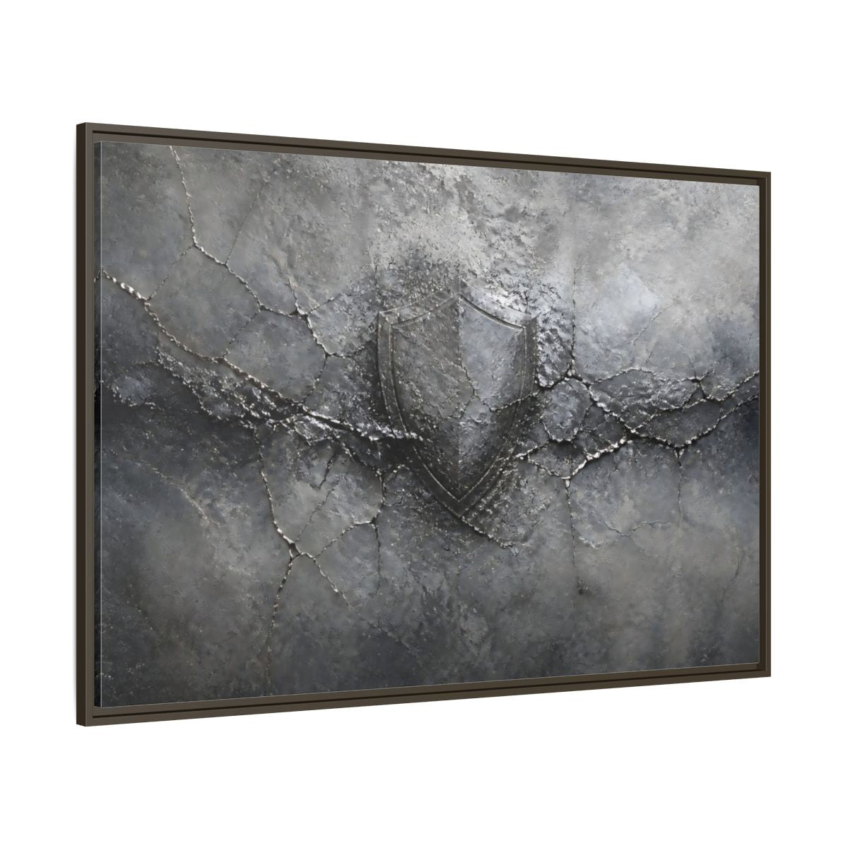 Side Mockup 8. Shield In Cracked Concrete shown as framed canvas print