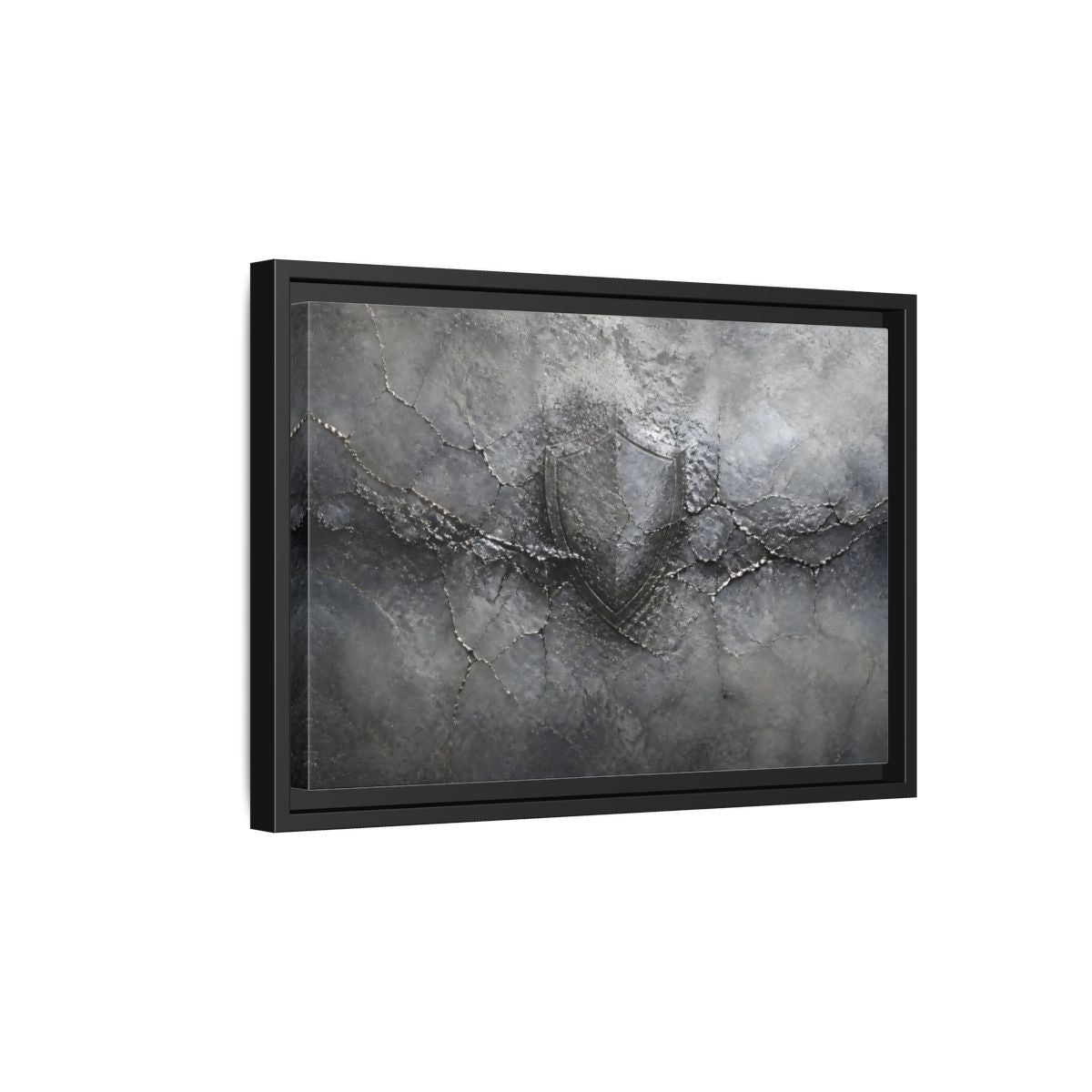Side Mockup 6. Shield In Cracked Concrete shown as framed canvas print