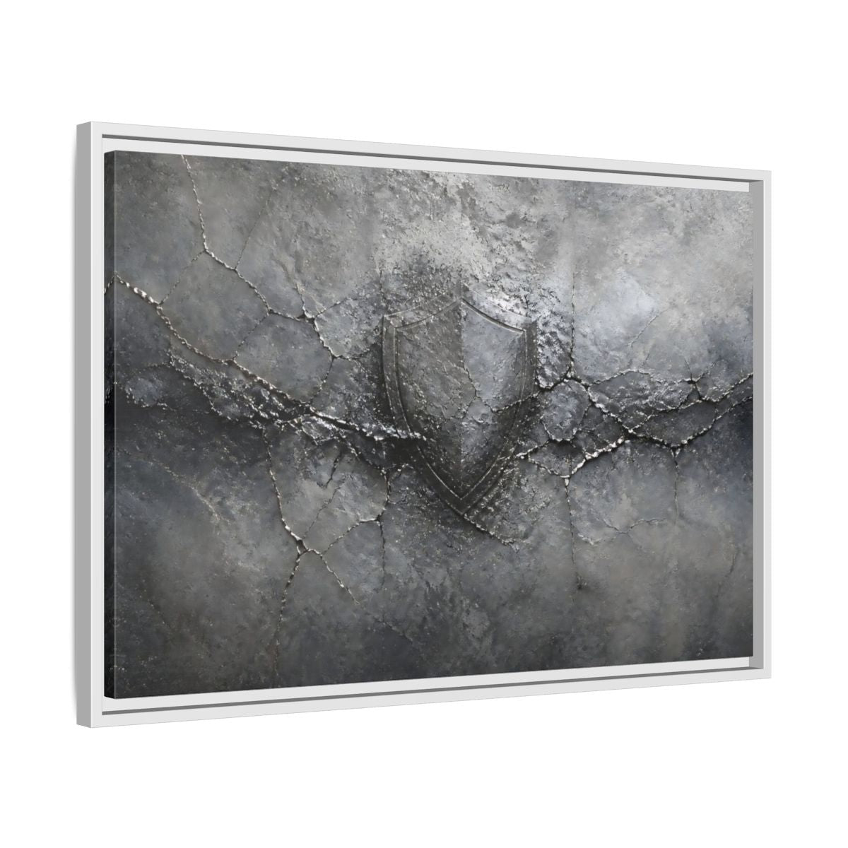 Side Mockup 10. Shield In Cracked Concrete shown as framed canvas print