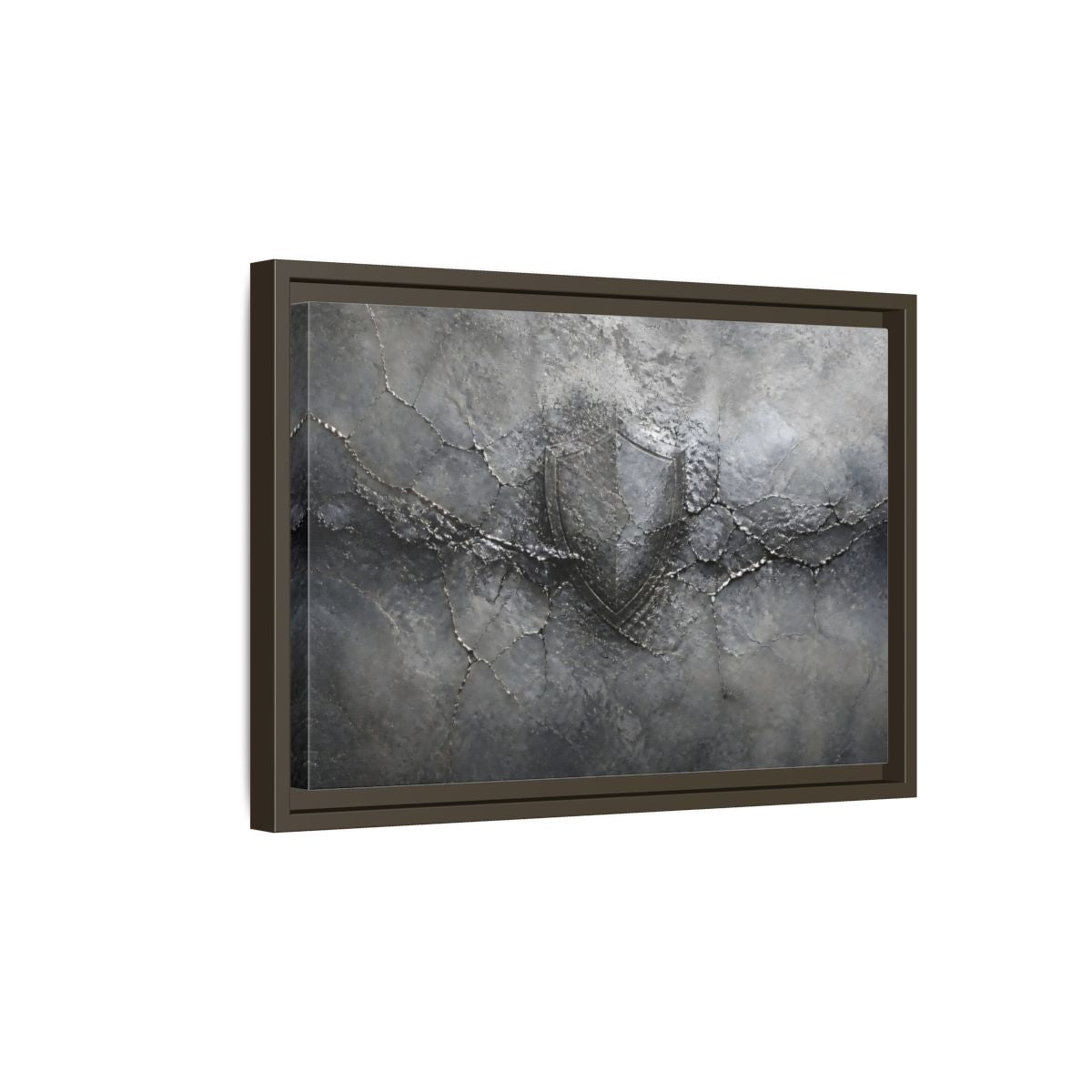Side Mockup 5. Shield In Cracked Concrete shown as framed canvas print