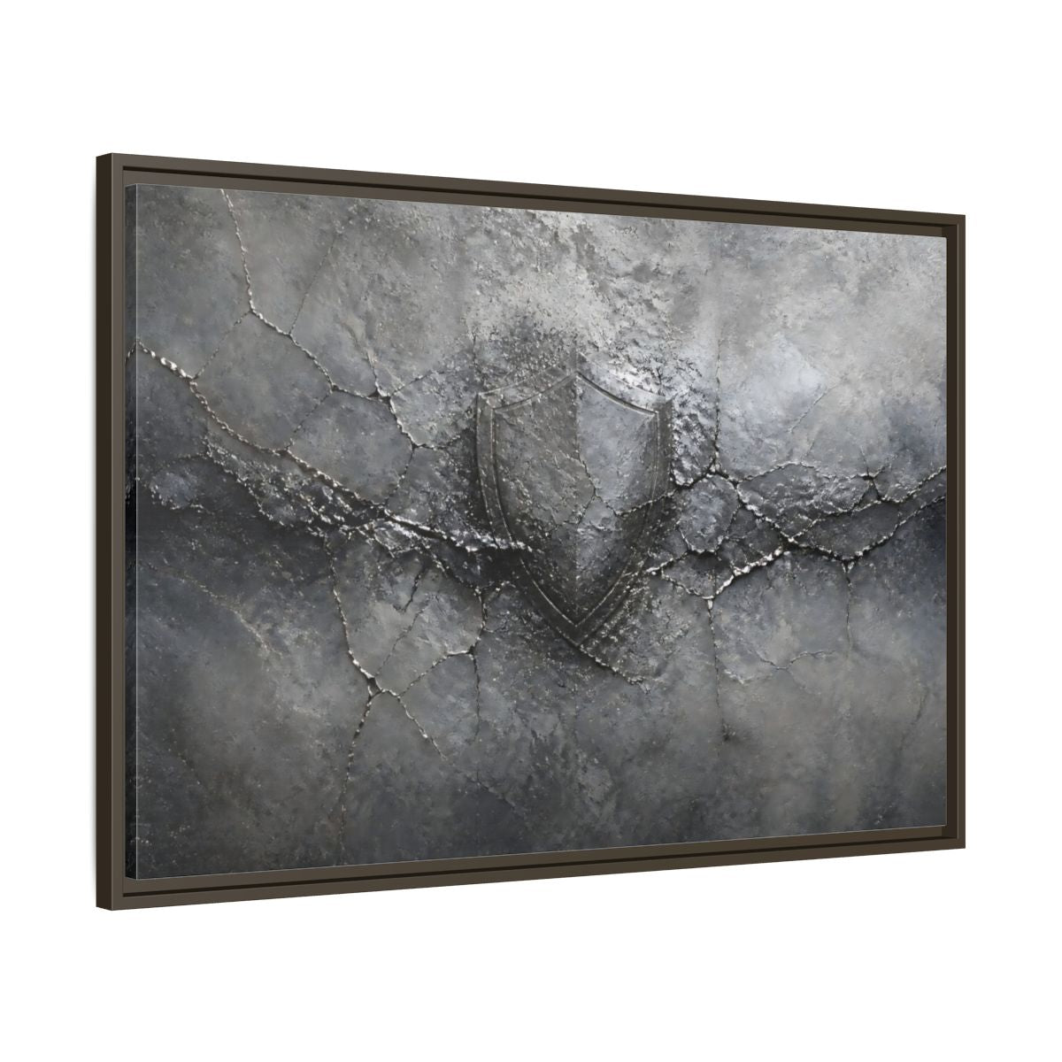 Main Mockup. Shield In Cracked Concrete shown as framed canvas print