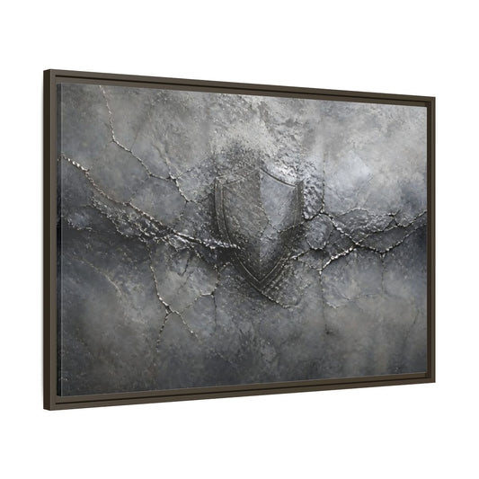 Main Mockup. Shield In Cracked Concrete shown as framed canvas print
