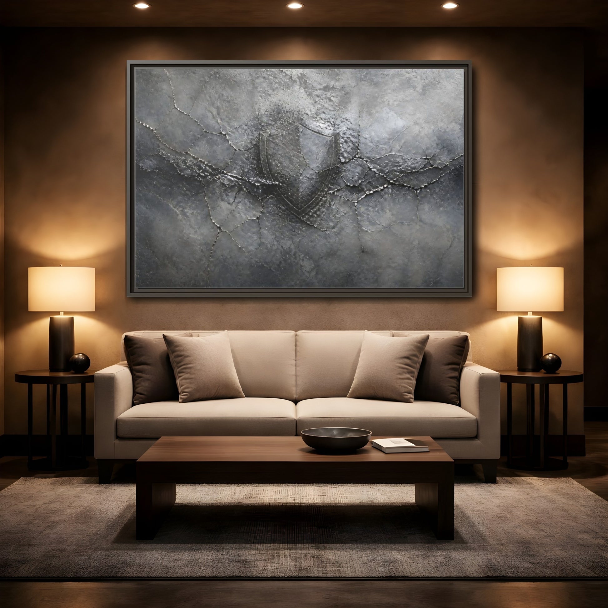 Mockup 2. Shield In Cracked Concrete shown as framed canvas print