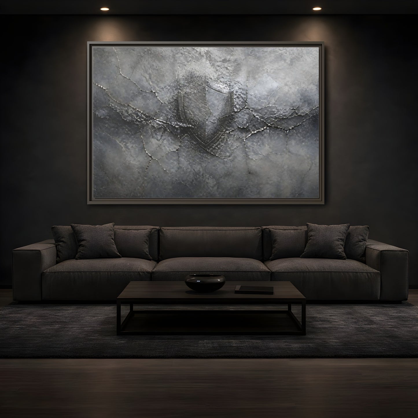 Mockup 3. Shield In Cracked Concrete shown as framed canvas print