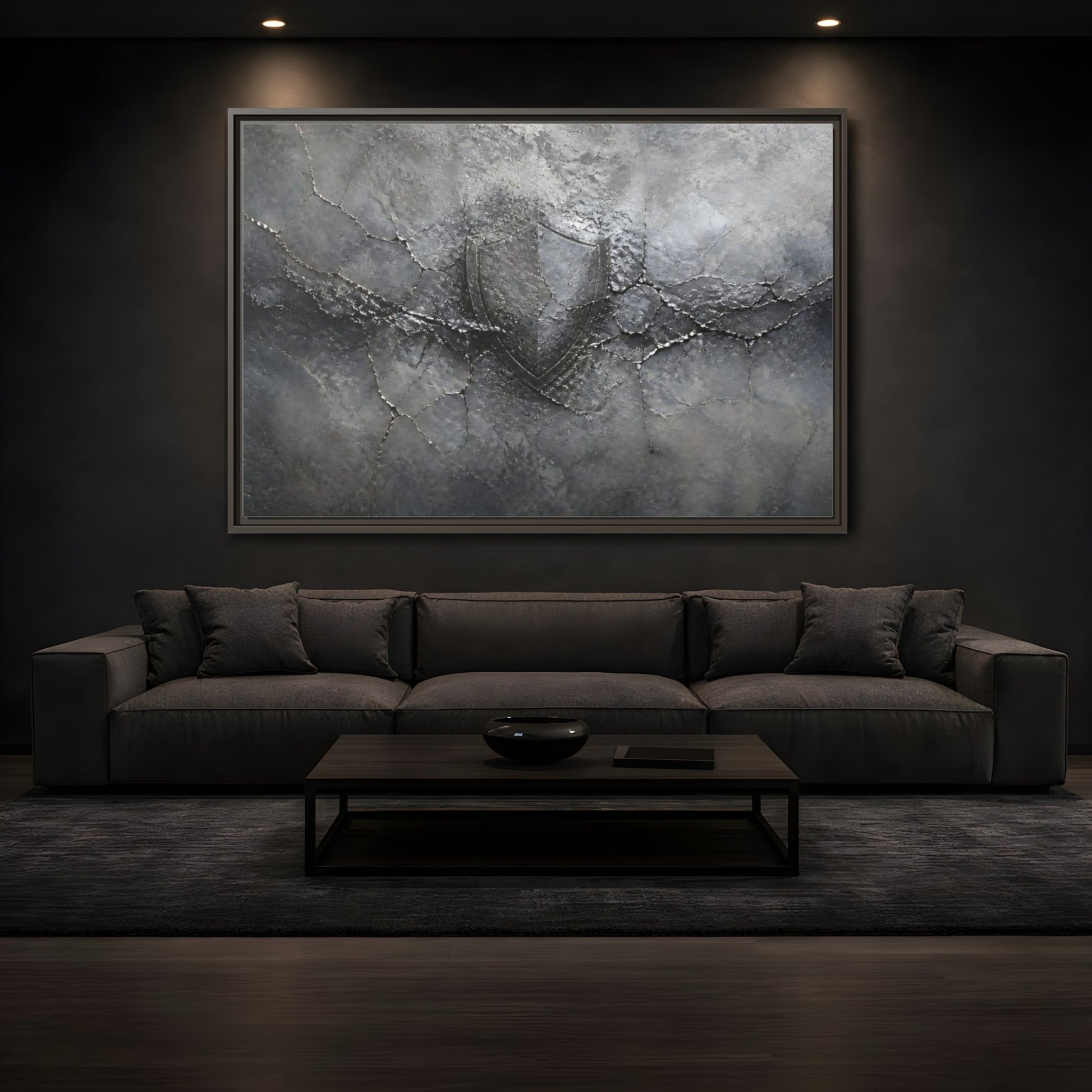 Mockup 3. Shield In Cracked Concrete shown as framed canvas print