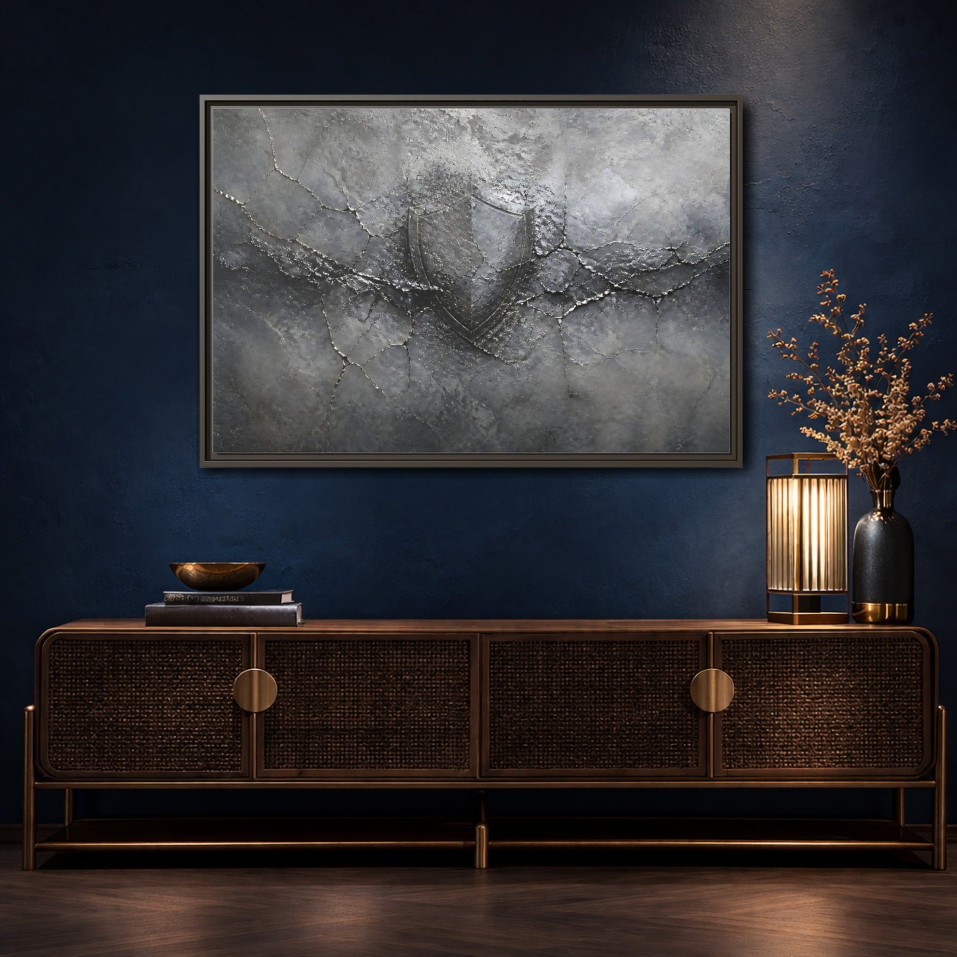 Mockup 4. Shield In Cracked Concrete shown as framed canvas print