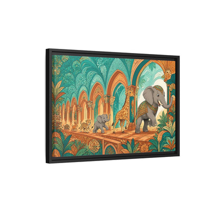 Side Mockup 3. Sienna Archway Animal Parade shown as framed canvas print