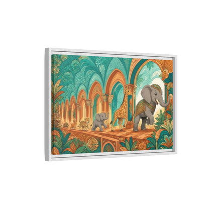 Side Mockup 1. Sienna Archway Animal Parade shown as framed canvas print