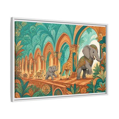 Side Mockup 10. Sienna Archway Animal Parade shown as framed canvas print