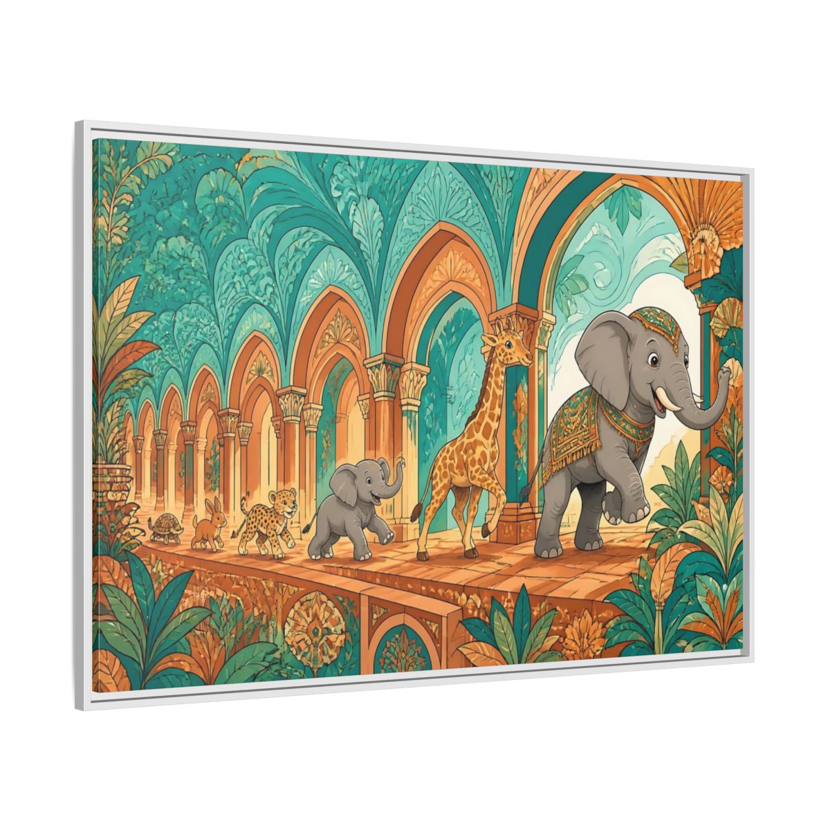 Side Mockup 7. Sienna Archway Animal Parade shown as framed canvas print
