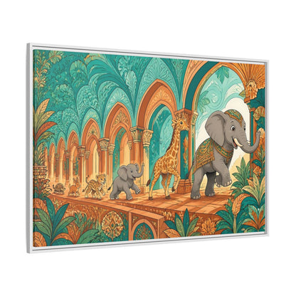Side Mockup 7. Sienna Archway Animal Parade shown as framed canvas print
