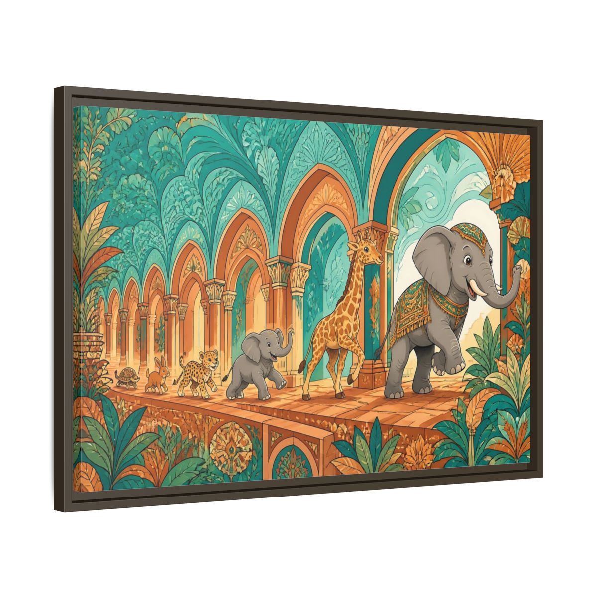 Side Mockup 11. Sienna Archway Animal Parade shown as framed canvas print