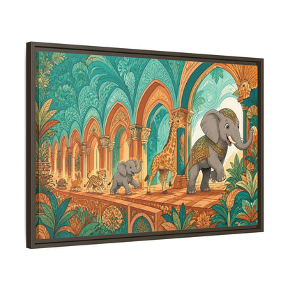 Side Mockup 11. Sienna Archway Animal Parade shown as framed canvas print