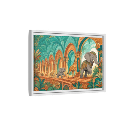 Side Mockup 4. Sienna Archway Animal Parade shown as framed canvas print