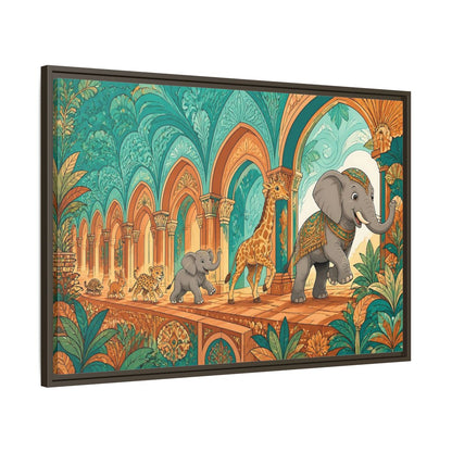 Main Mockup. Sienna Archway Animal Parade shown as framed canvas print
