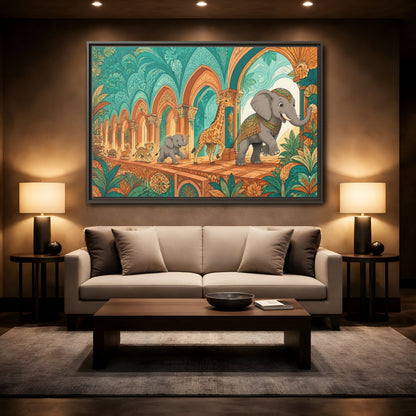Mockup 2. Sienna Archway Animal Parade shown as framed canvas print