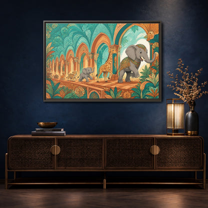 Mockup 4. Sienna Archway Animal Parade shown as framed canvas print