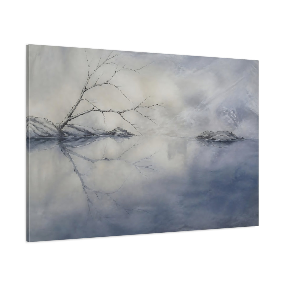 Side Mockup 1. Silent Winter Reflection shown as canvas print