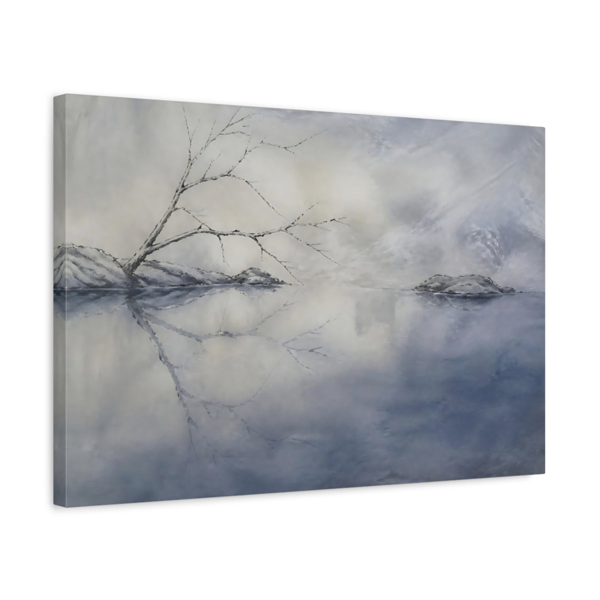 Side Mockup 3. Silent Winter Reflection shown as canvas print