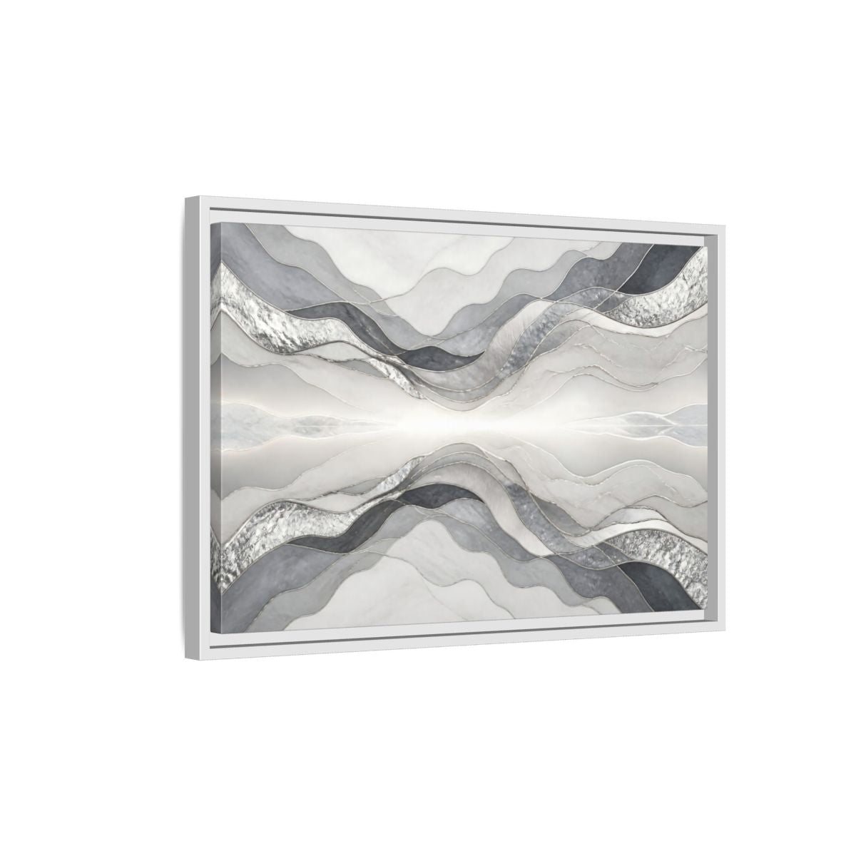 Side Mockup 1. Silver Wave Abstract Accent shown as framed canvas print