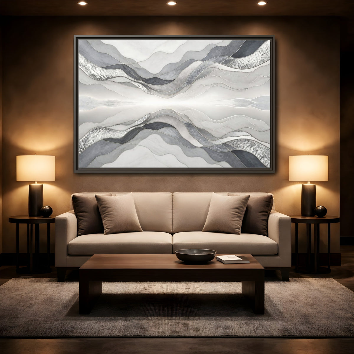 Mockup 2. Silver Wave Abstract Accent shown as framed canvas print