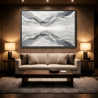 Mockup 2. Silver Wave Abstract Accent shown as framed canvas print