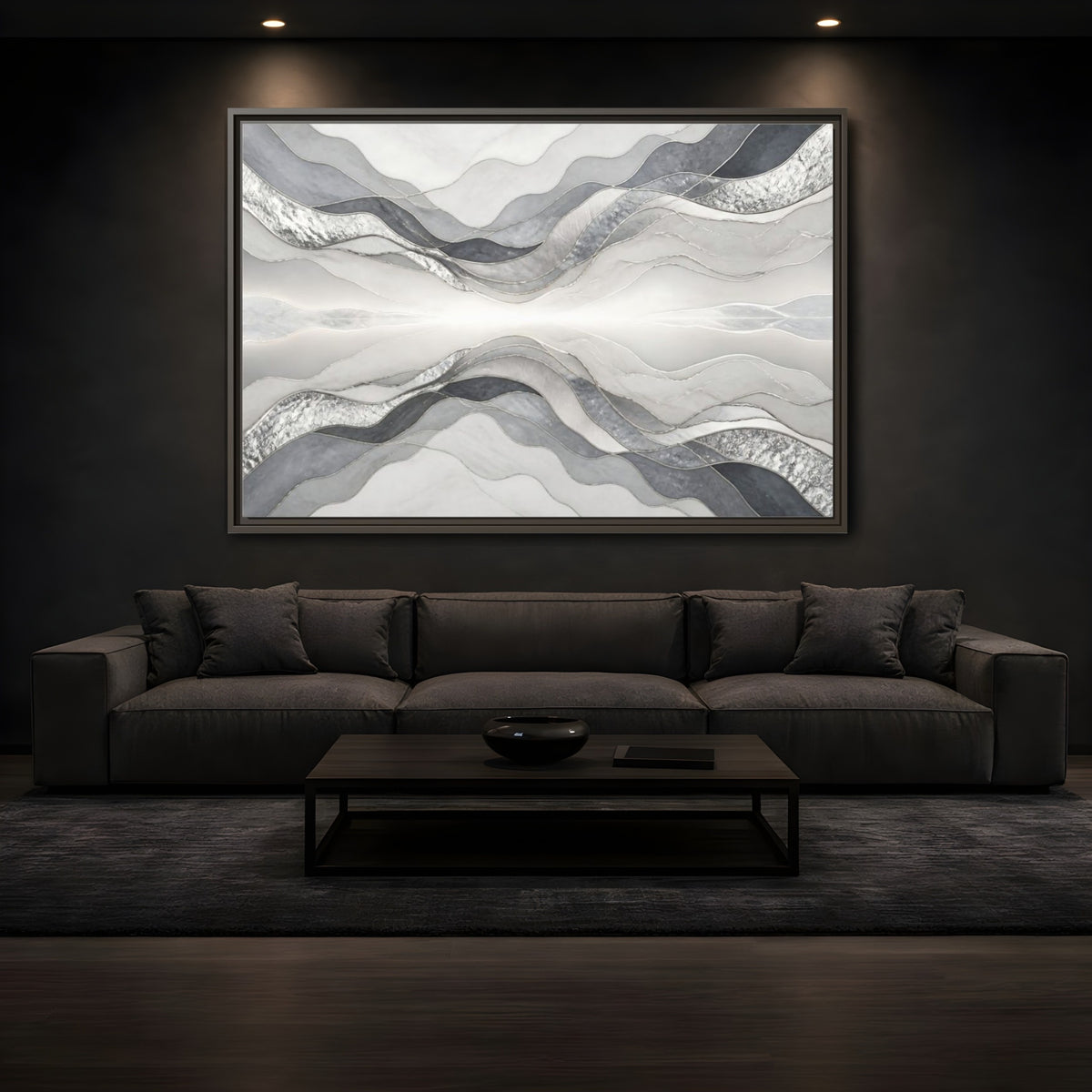 Mockup 3. Silver Wave Abstract Accent shown as framed canvas print