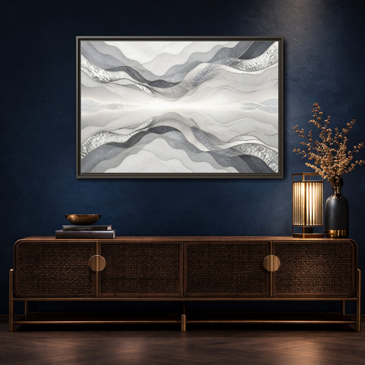 Mockup 4. Silver Wave Abstract Accent shown as framed canvas print