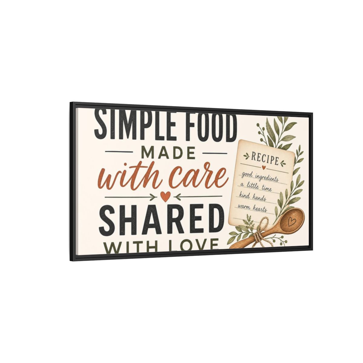 Side Mockup 5. Simple Food With Care shown as framed canvas print