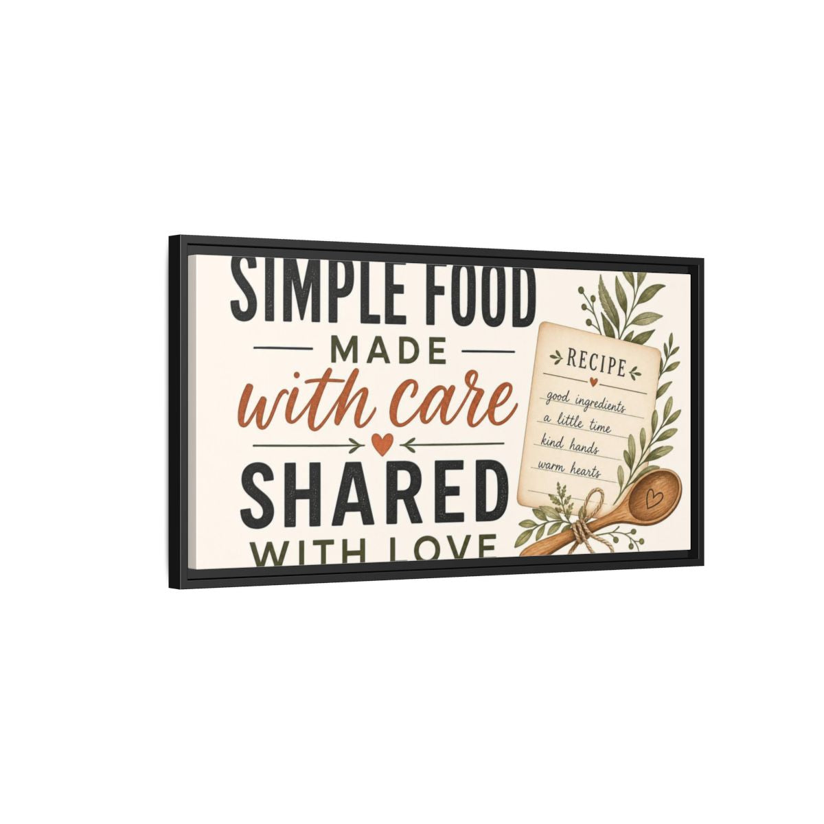 Side Mockup 2. Simple Food With Care shown as framed canvas print