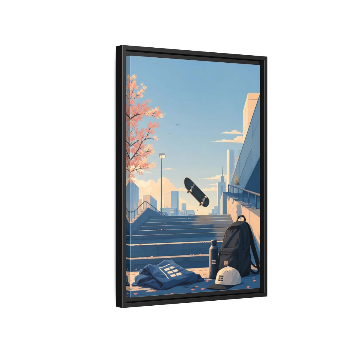 Side Mockup 3. Skateboard Over Stairs shown as framed canvas print