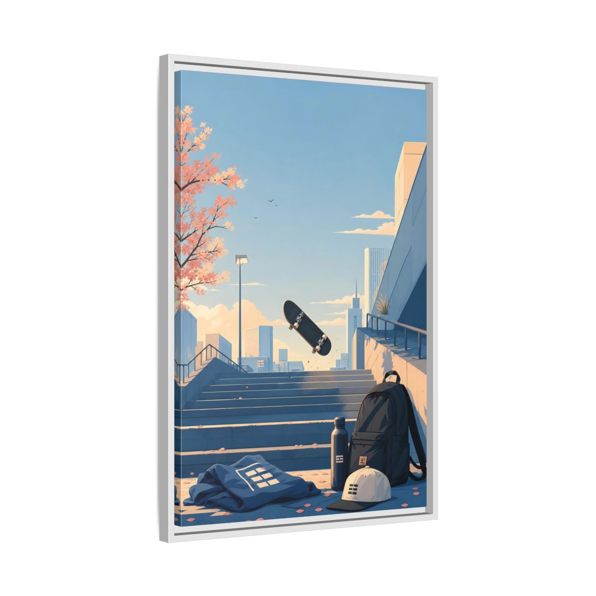 Side Mockup 10. Skateboard Over Stairs shown as framed canvas print