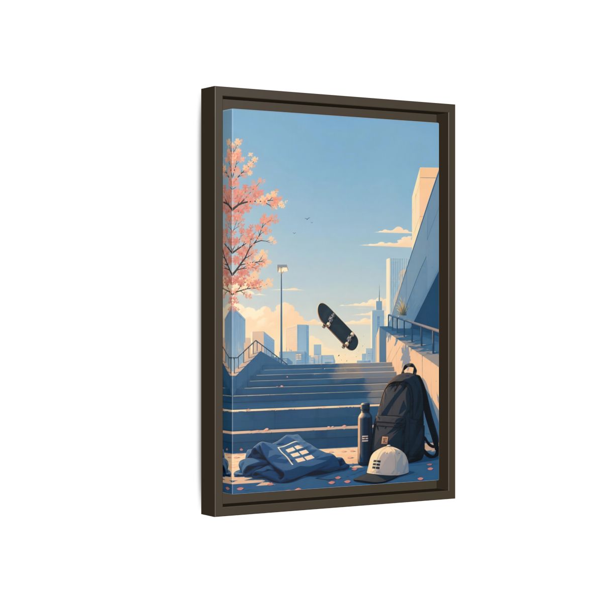 Side Mockup 5. Skateboard Over Stairs shown as framed canvas print