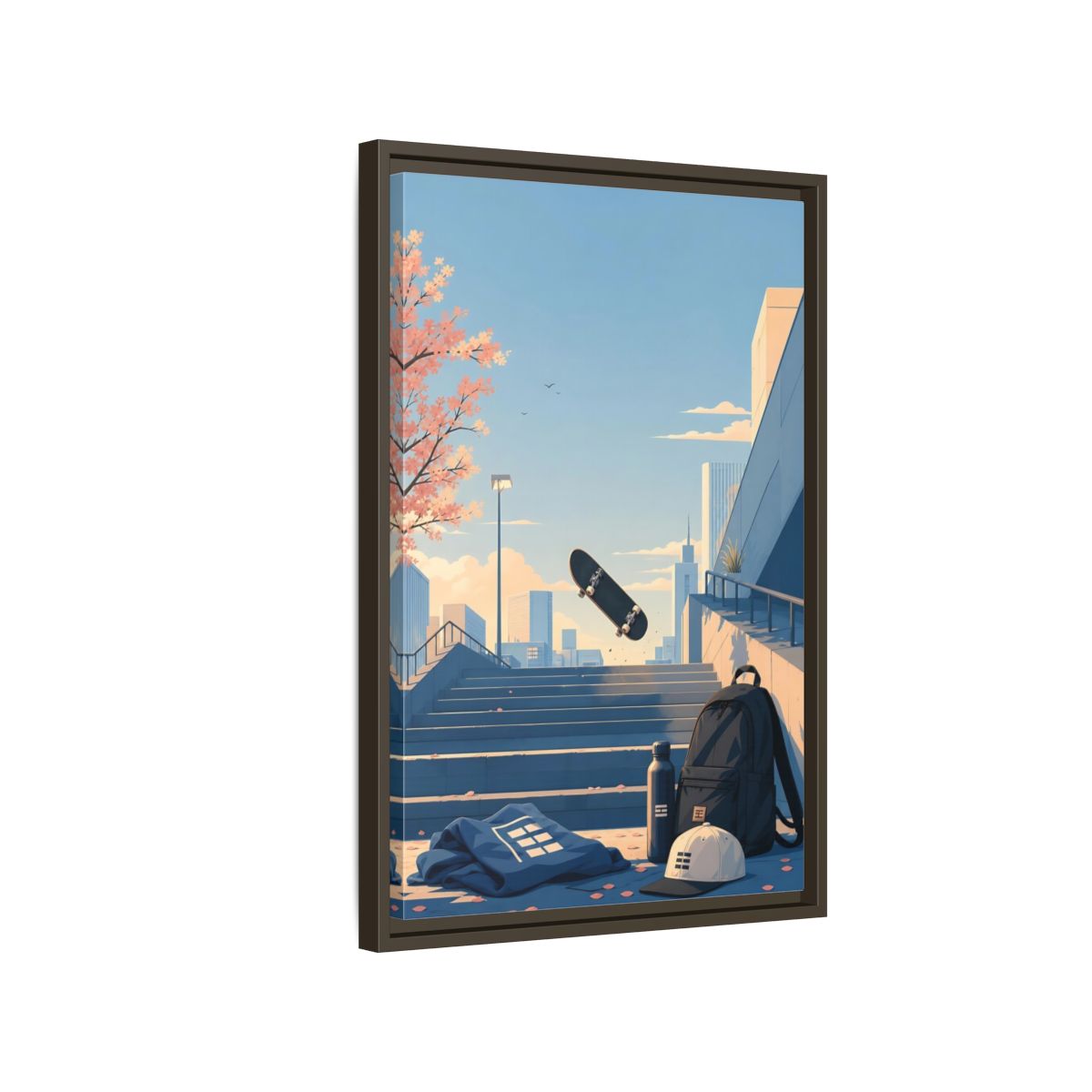 Side Mockup 2. Skateboard Over Stairs shown as framed canvas print