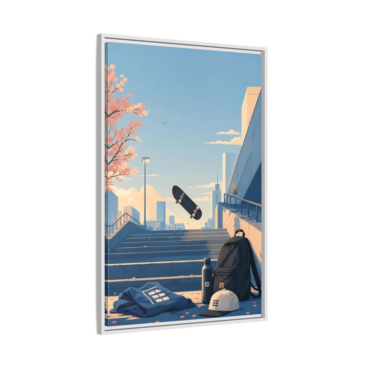 Side Mockup 9. Skateboard Over Stairs shown as framed canvas print